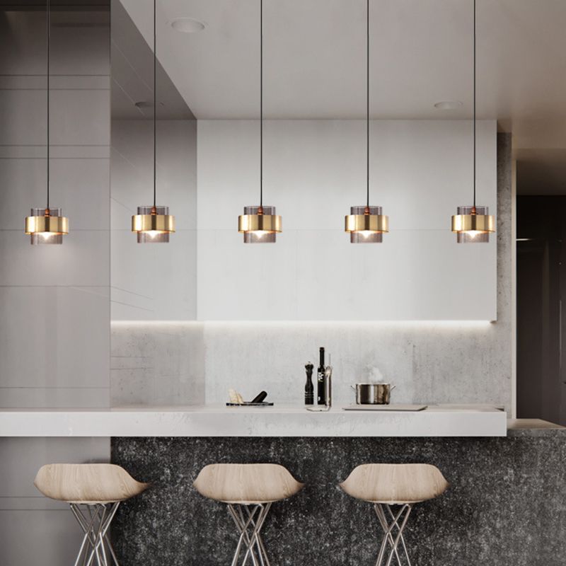 Lampada a sospensione in vetro di fumo cilindrico 1 luce moderna a sospensione minimalista con anello metallico