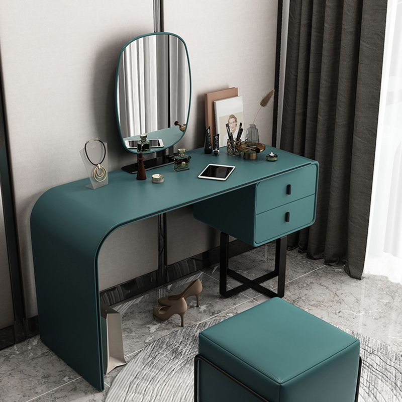 2-Drawer Vanity Set Genuine Leather & Metal Makeup Dressing Table with Mirror and Stool