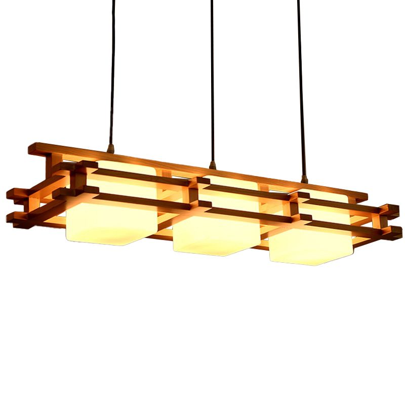 Cube Restaurant Island Light Fixture Blown Glass 3 Bulbs Japanese Ceiling Pendant Light in Wood