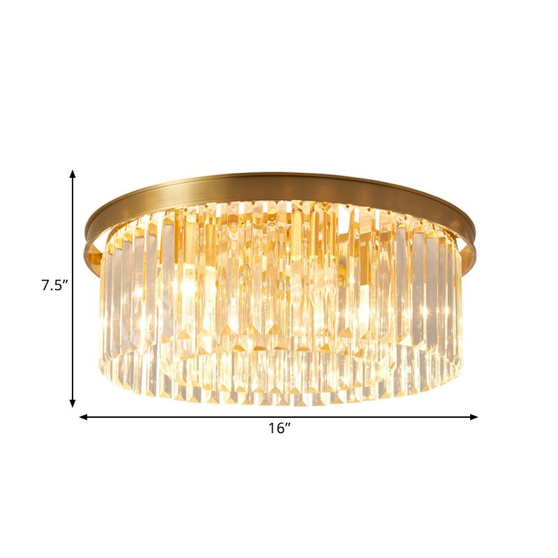4/5 Bulbs Clear Crystal Prisms Light Fixture Gold Round Bedroom Flush Mount Lamp, 16"/19.5" Wide