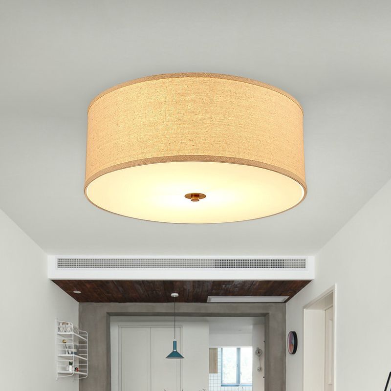 1 Bulb Dining Room Ceiling Lamp Minimalist Flaxen Flushmount with Drum Fabric Lampshade