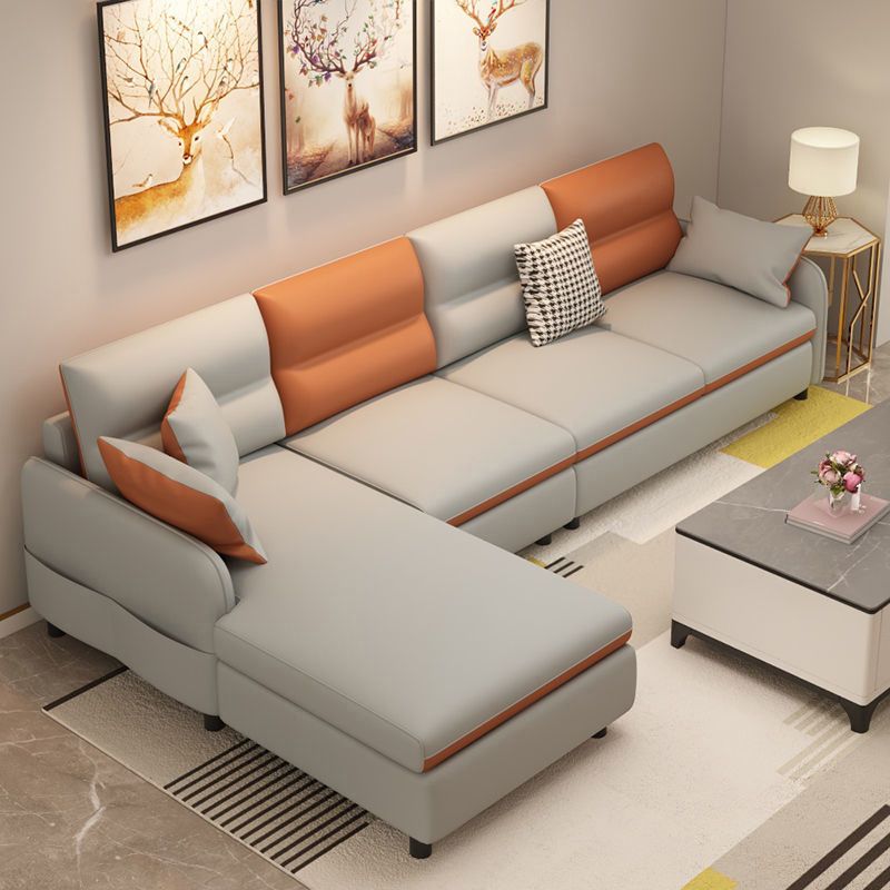 Vintage 4-seat Faux Leather Sofa & Chaise Square Arm Sewn Pillow Back Sofa