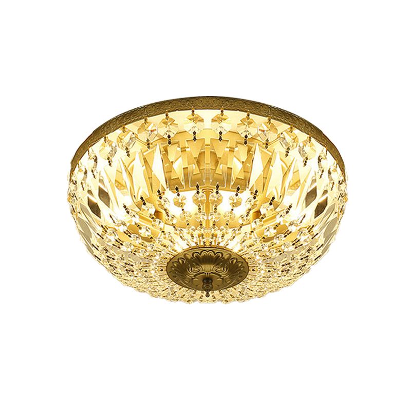 Modernism Dome Flush Light Clear Crystal Strand 4-Head Living Room Ceiling Lamp Fixture in Brass