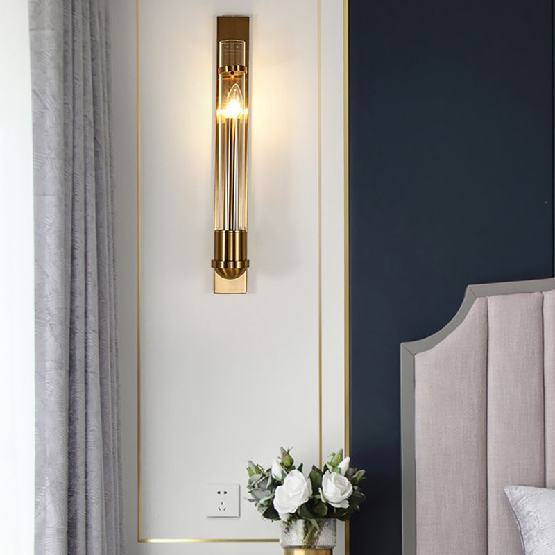 Tubular Clear Glass Wall Lighting Modernism 1 Bulb Gold Sconce Lamp Fixture for Bedroom