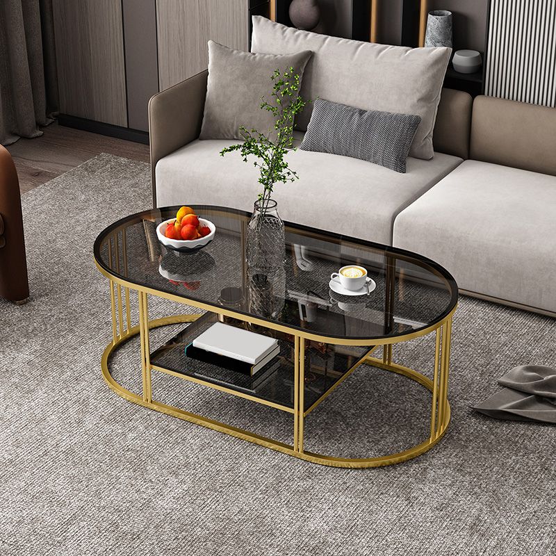 Oval Coffee Table with Glass Top and Frame Base for Living Room