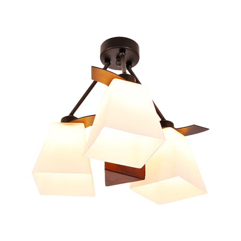 Traditional Trapezoid Semi Flush 3/5 Lights White Glass Ceiling Lamp with Wood Cylinder Shade