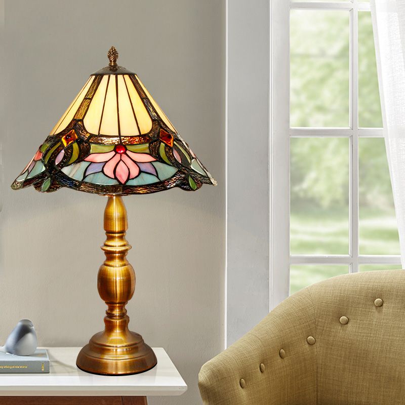1-Light Table Light Baroque Conical Hand Cut Glass Lotus Patterned Desk Lighting in Brushed Brass