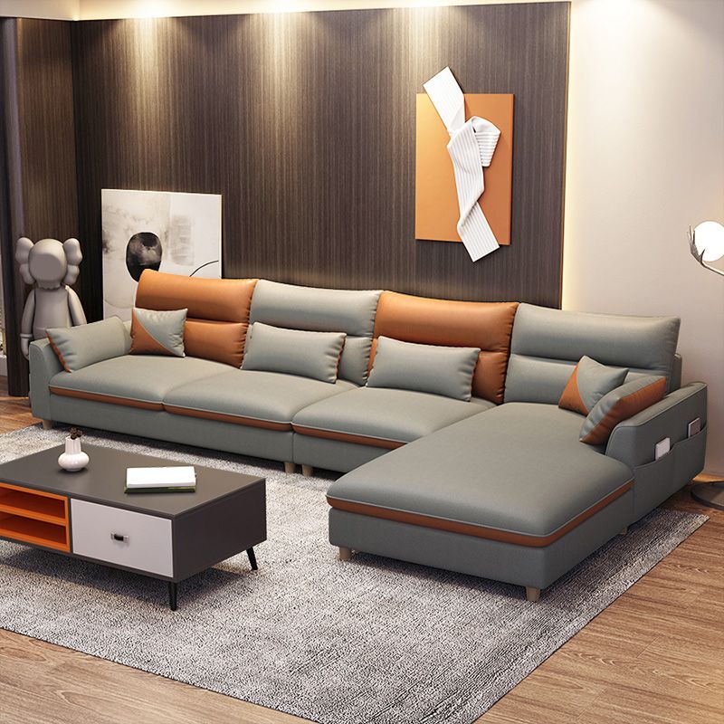 Contemporary Right Hand Facing Sofa & Chaise L-Shape Faux Leather Sofa