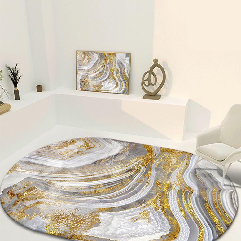 Grey Living Room Area Rug Marble Print Polyester Area Carpet Non-Slip Backing Rug