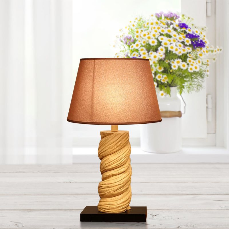 Conic Fabric Night Table Lighting Traditional 1-Light Bedroom Desk Light in White/Brown with Resin Twisted Column