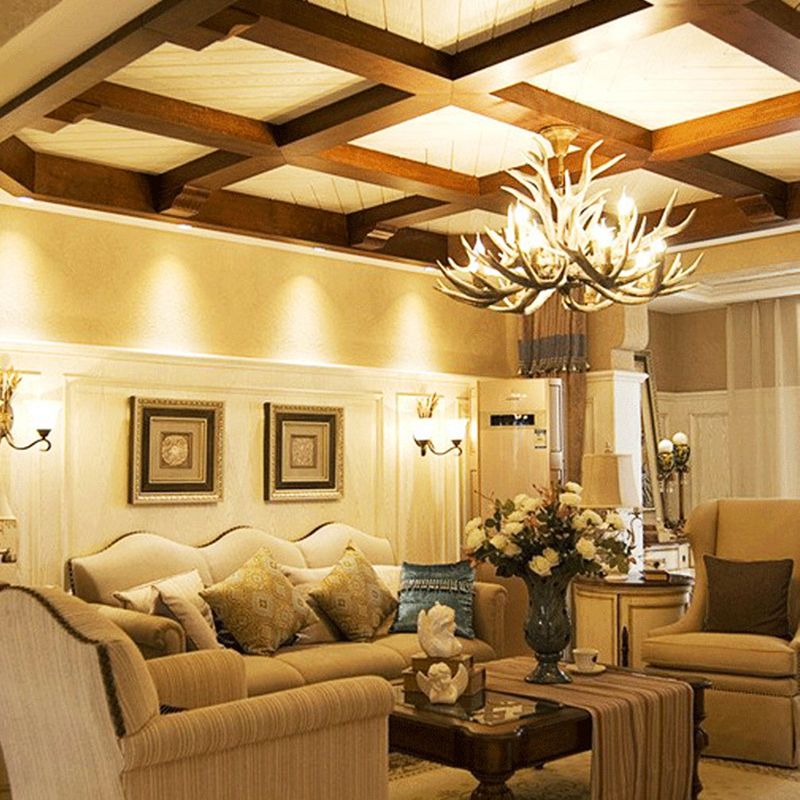 Village Candelabra Hanging Pendant 12 Lights Resin Ceiling Chandelier with Antler in Brown for Living Room