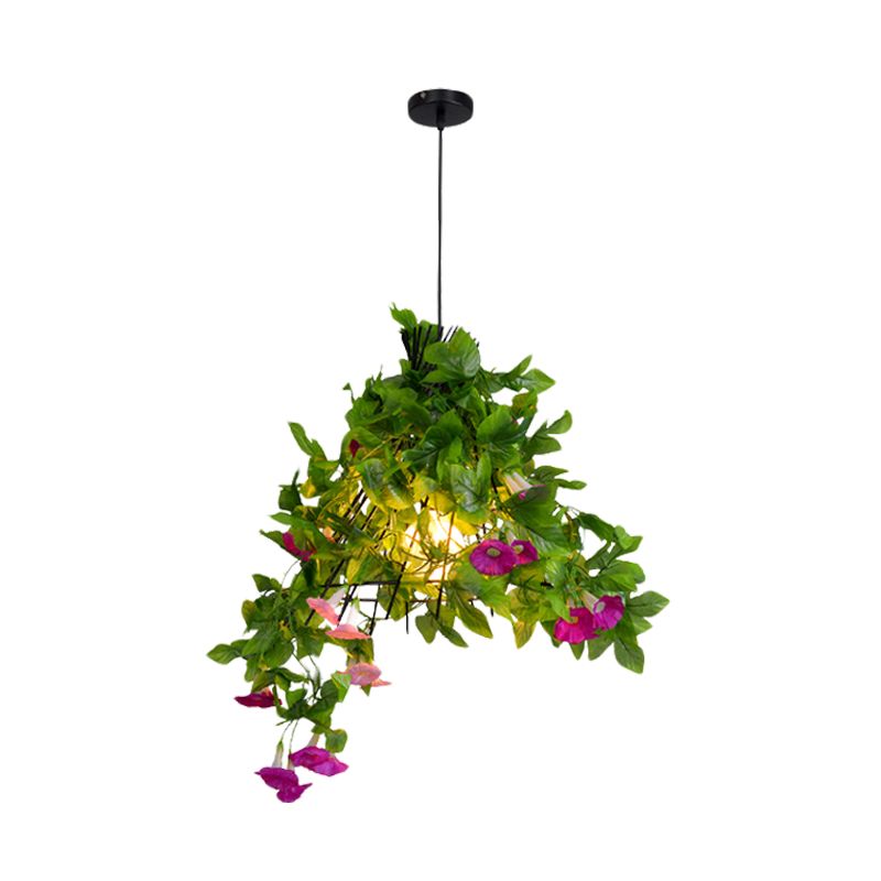 Iron Black Pendant Light Fixture Conical Cage 1-Bulb Industrial Suspension Lamp with Flower and Leaf
