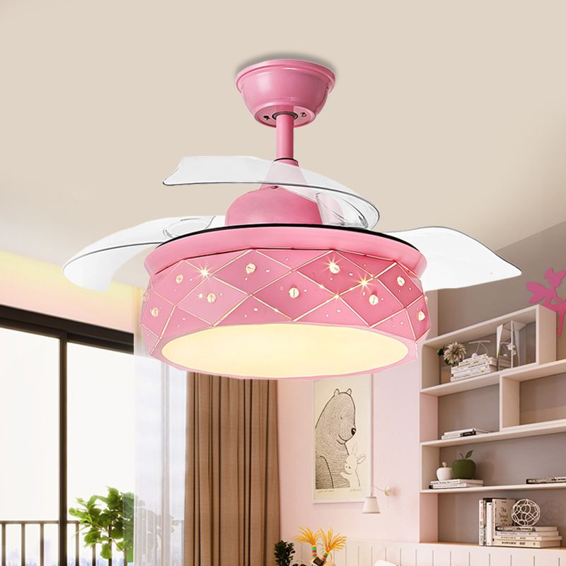 3 cuchillas Lámpara de iluminación de ventilador colgante de tambor metálico 42 "W LED Semi Flush Lámpara en rosa/azul con tono acrílico, control remoto/pared y control remoto