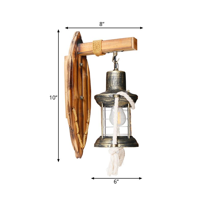 Brass Kerosene Wall Mount Lamp Vintage Clear Glass 1-Light Bedroom Sconce Lighting with Oval Bamboo Backplate