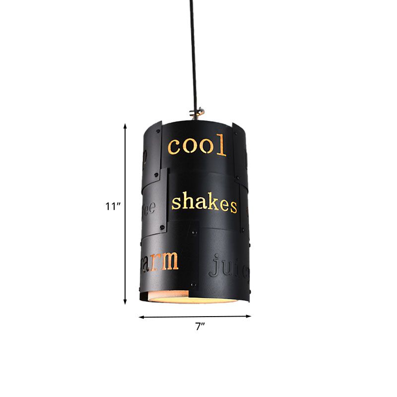 Mini Spliced Column Beer Bar Hanging Lamp Artistry Metallic Single Black Ceiling Pendant with Script