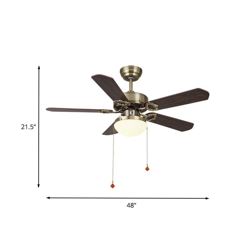 Antiqued Dome Pendant Fan Light Fixture Cream Glass LED Semi Flush Lamp in Brass with 5 Wood Vanes, 42"/48"/52" Wide