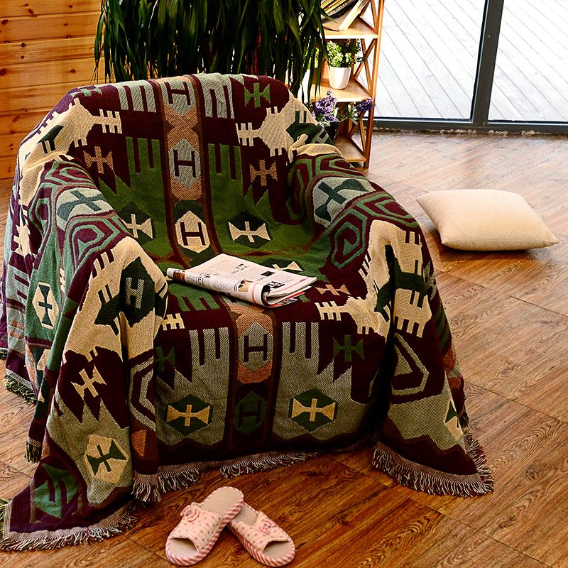 Retro Country Style Rug Green Geometric Weaving Carpet Pet-Friendly Rug for Sitting Room