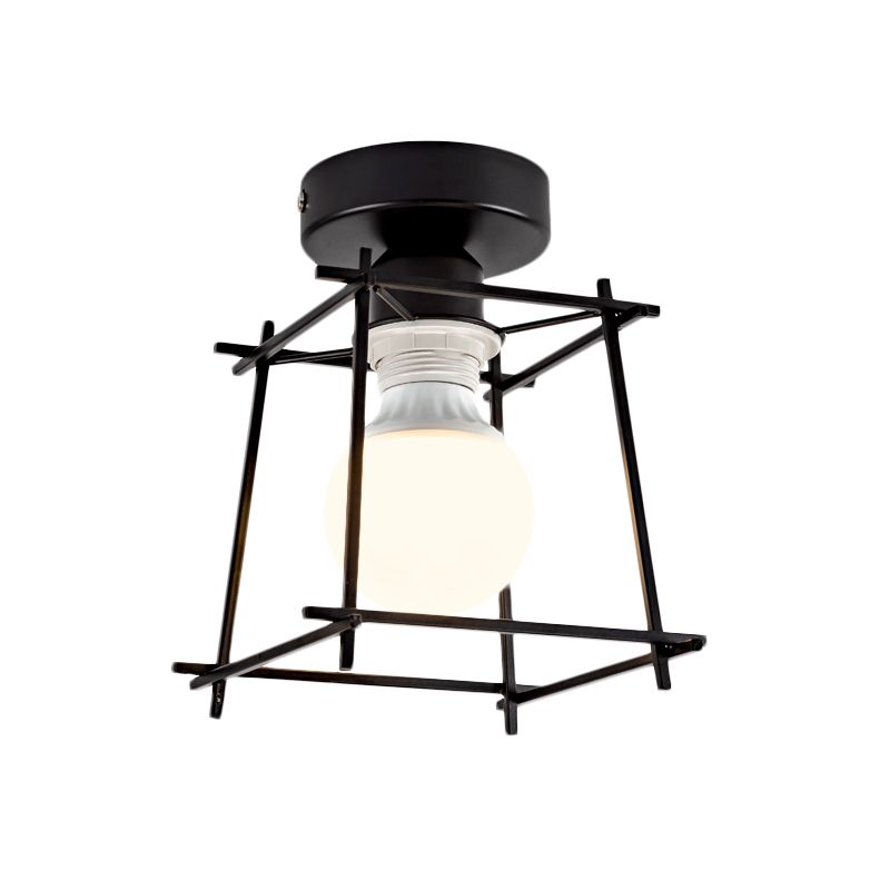 Cubic Metal Semi-Flush Ceiling Fixture with Wire Guard Industrial 1 Head Bedroom Rotatable Semi Flush Mount Lighting in Black/White