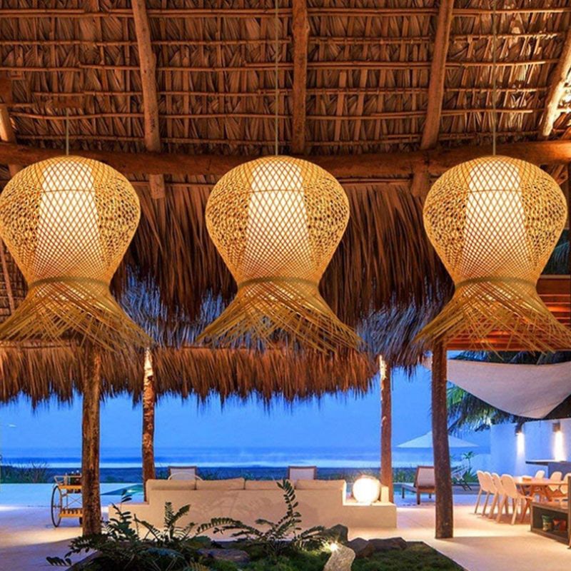 Beige Hand-Woven Pendant Chinese Style 1 Bulb Bamboo Hanging Light for Dining Table