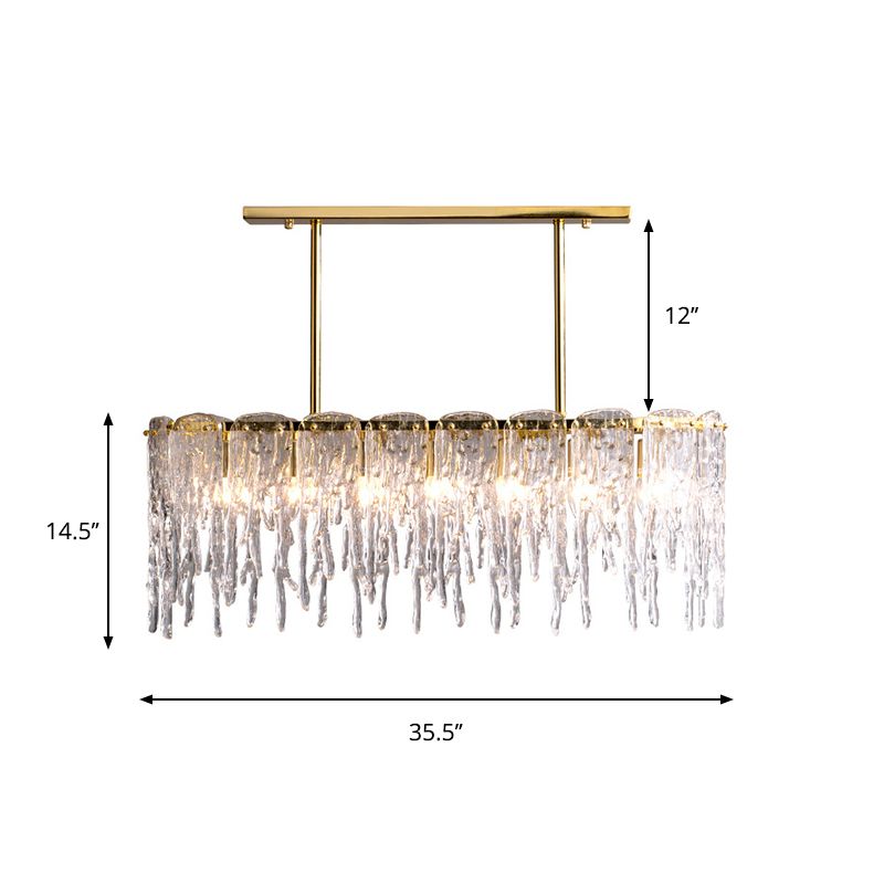 Minimalist Oval Island Light 7 Bulbs Clear Crystal Pendant Lamp in Gold with Melting Ice Design