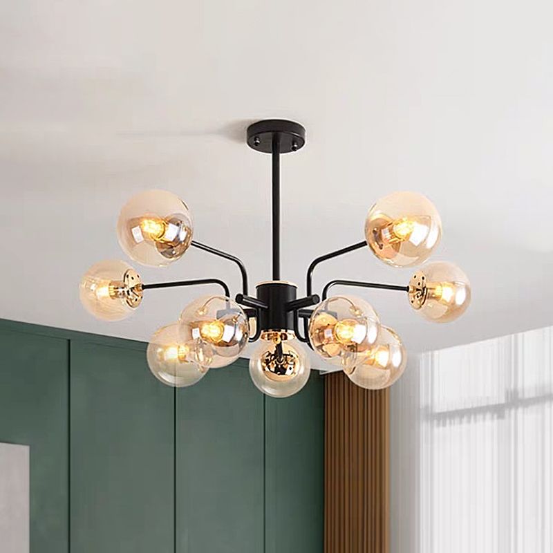Kugel Wohnzimmer Kronleuchter Bernsteinglas 10 Lampen zeitgenössische Anhänger Deckenleuchte in Schwarz