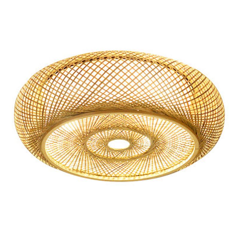 Japanese Style Bamboo Flush Mount Drum Shape Beige Flush Mount Ceiling Fixture for Living Room