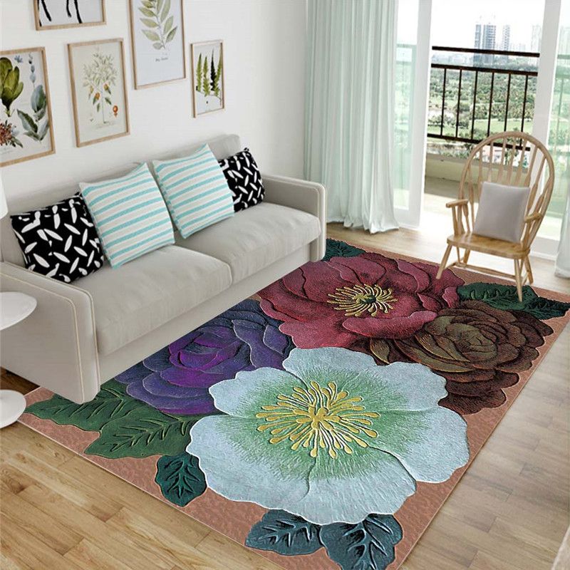 Modern Living Room Carpet Plant Pattern Polyester Area Rug Non-Slip Backing Rug