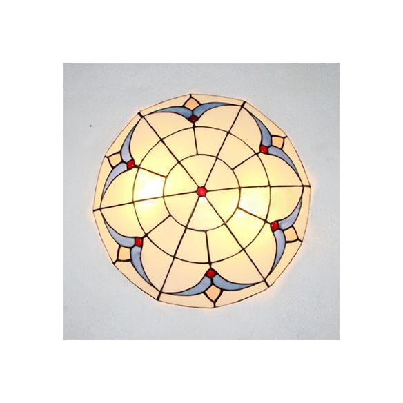 Vintage Bowl Flush Light with Magnolia Pattern Stained Glass Flush Ceiling Light in White/Clear for Bedroom