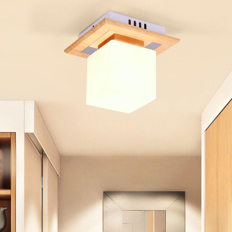 Single Beige Finish Flush Mount Lighting Nodic Wooden Shaded Ceiling Light