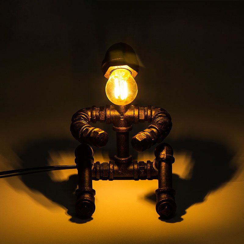 Iron Sitting Robot Table Lamp Steampunk 1-Head Bedroom Nightstand Lighting in Bronze