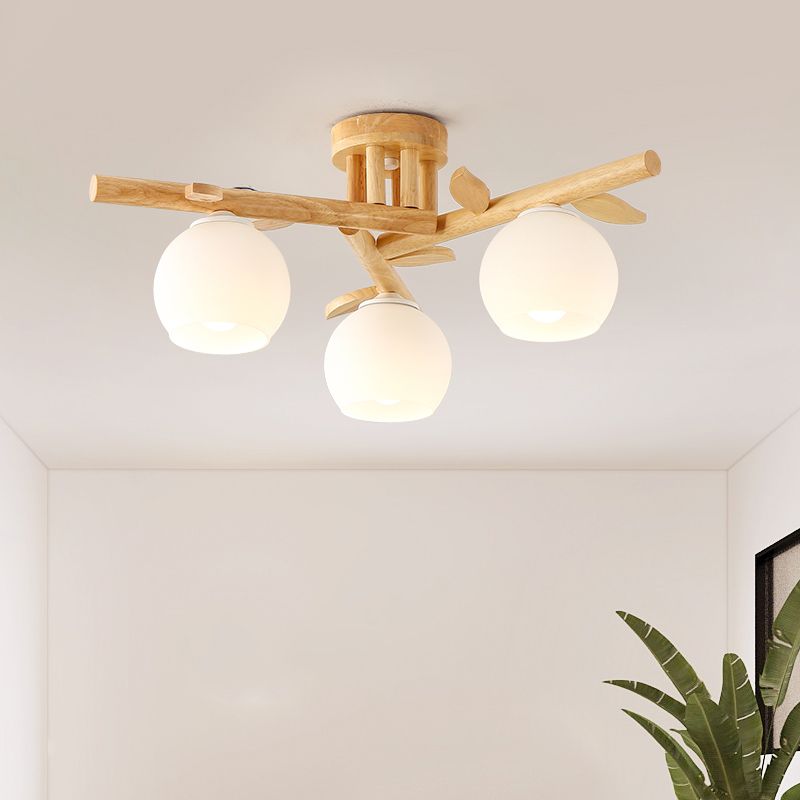 Holzzweig halb Flush Beleuchtung moderner 3/5-Kopf-Beige Flushmount Lampe mit Kugel Milch weißer Glasschatten