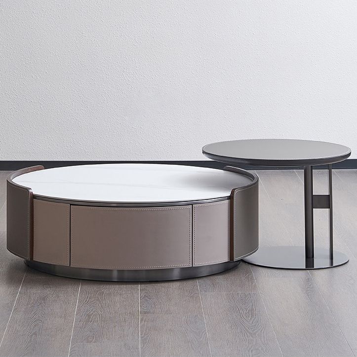 Slate and Leather Drum Coffee Table Modern Round Cocktail Table Set with Storage