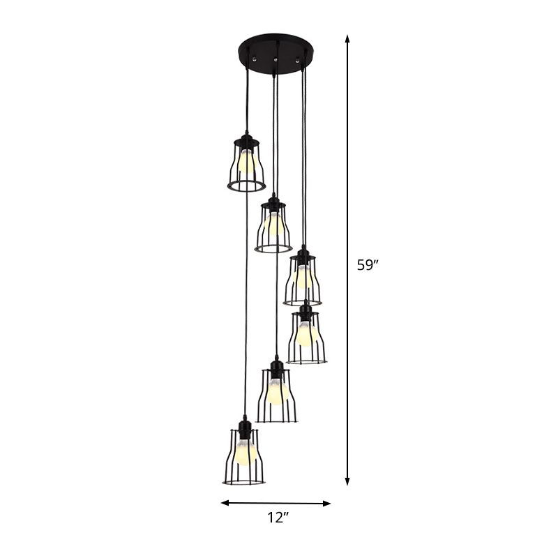Iron Wire Cage Multi Ceiling Light Industrial 6 Heads Stair Suspended Pendant Lamp in Black