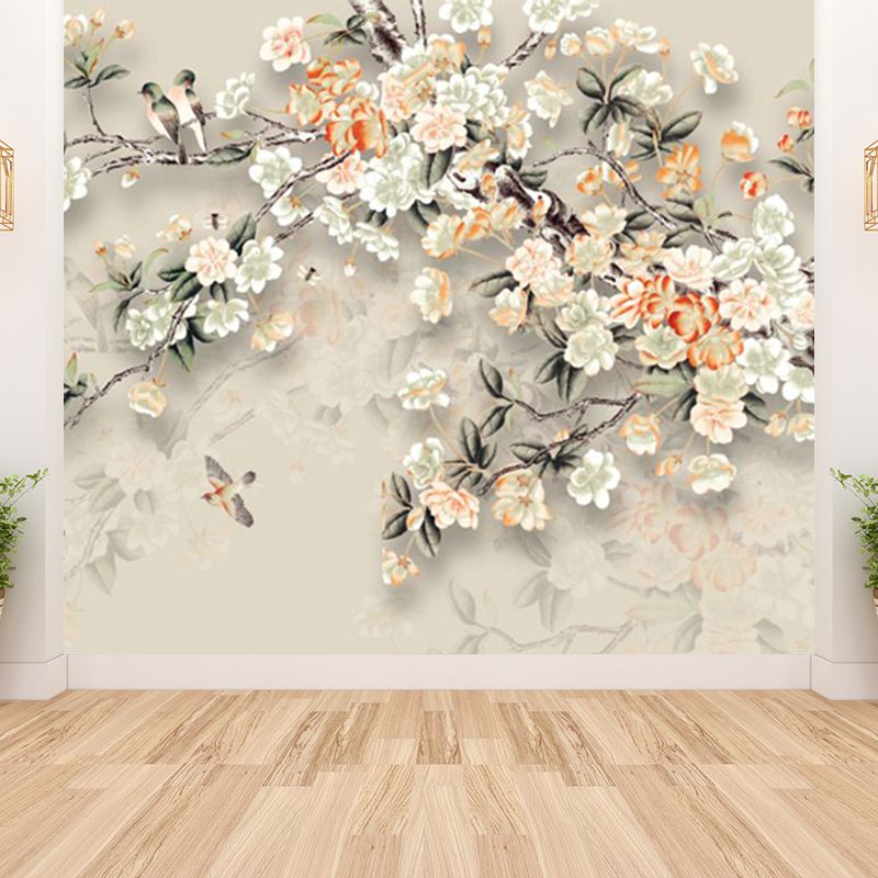 Blossoming Flower Branch Mural Decal Beige Modern Style Wall Art for Girls Bedroom