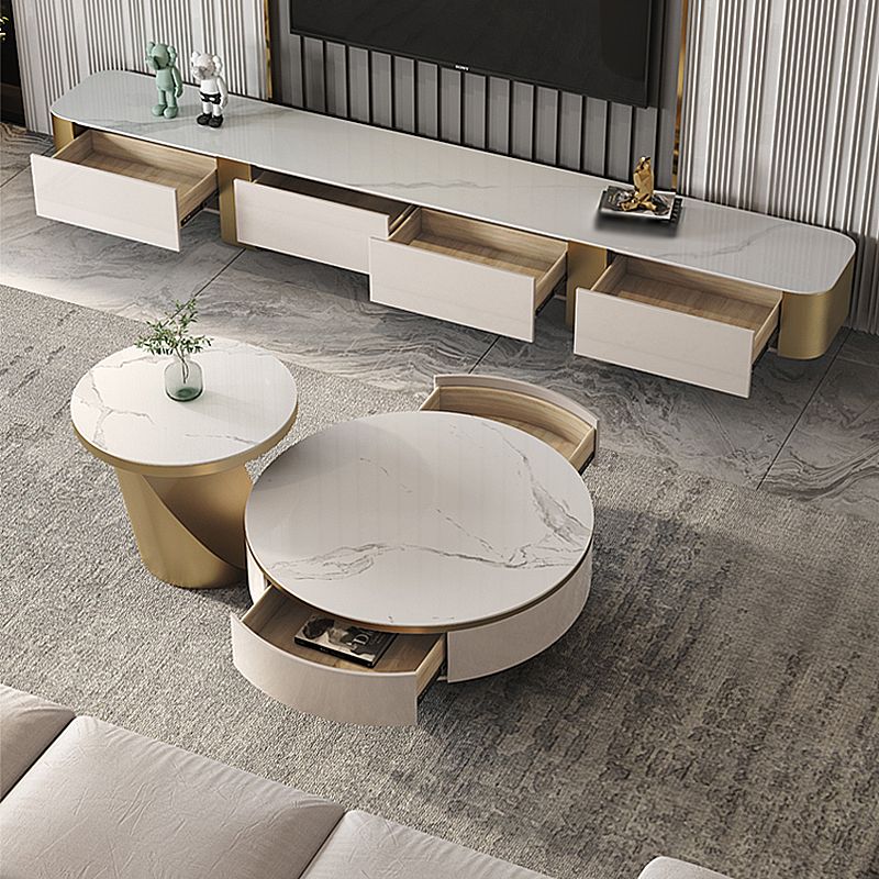 Modern Light Luxury Coffee Table Round Slate Coffee Table with Storage Drawer