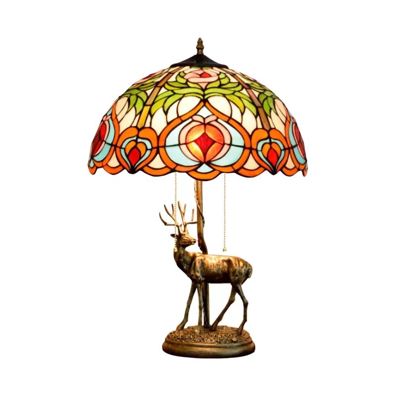 Cut Glass Yellow/Orange Night Light Hand-Worked Peach/Geometric 2-Light Tiffany Table Lamp with Elk Statue and Pull Chain Switch