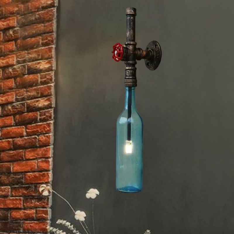 Glass Wine Bottle Wall Lighting Rustic Industrial 1 Light Restaurant Blue/Clear Wall Sconce Light with Red Valve