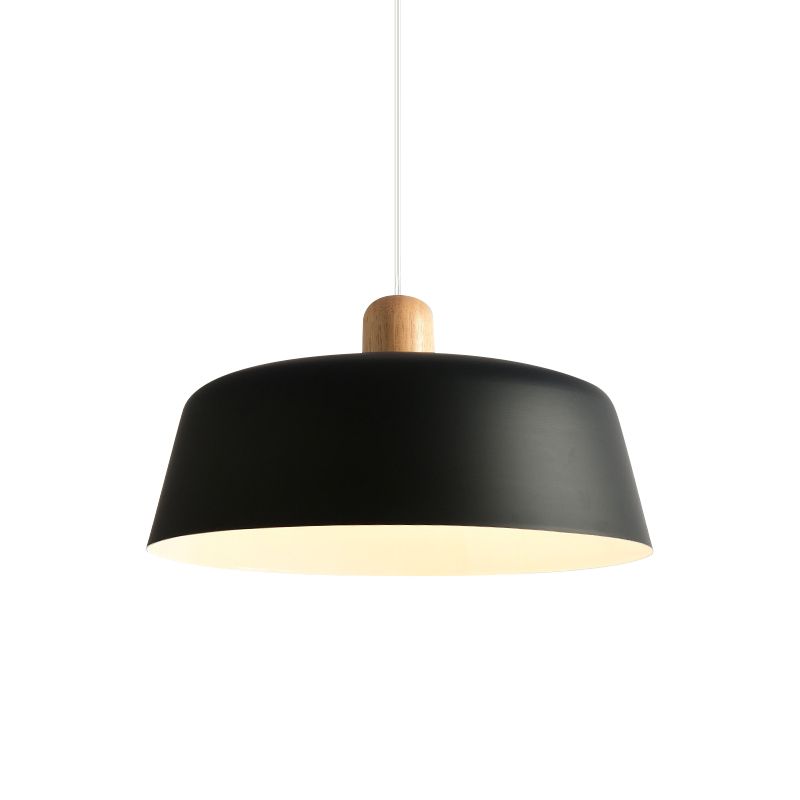 Black/White Flat-Bowl Shaped Pendant Nordic Metal 1 Light Ceiling Hang Lamp with Wood Top
