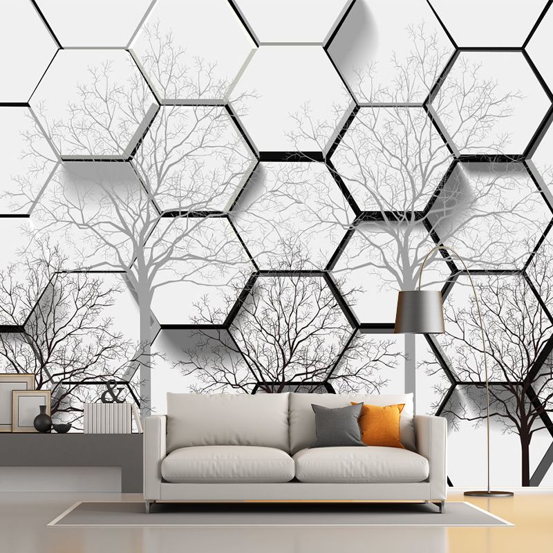 Creative Honeycomb Bare Tree Mural Black-White Moisture Resistant Wall Art for Home