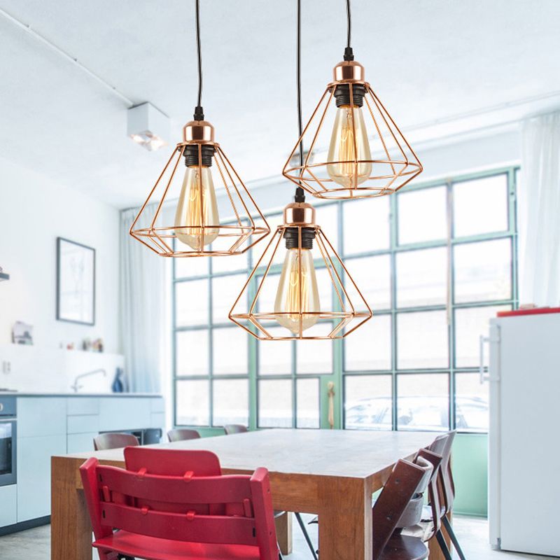 3 Lights Metal Pendant Lamp Loft Style Polished Copper Diamond Caged Indoor Hanging Fixture in Black Finish