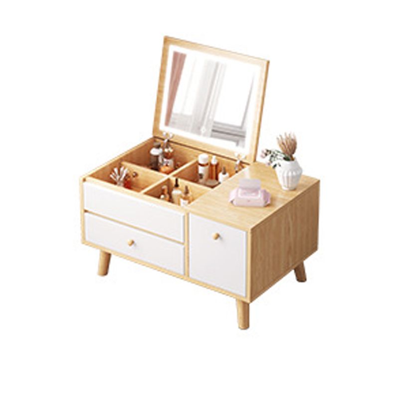 Contemporary Natural Bedroom Solid Wood Mirror With Drawer Makeup Vanity Set