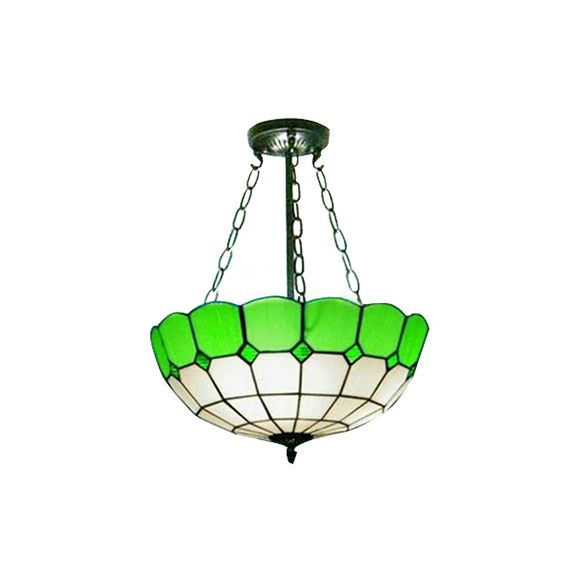 Lodge Bowl Semi Flush Light Stained Glass 2/3 Lights Semi Flush Ceiling Fixture with Chain in Green