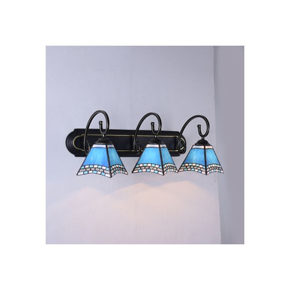 Mediterranean Pyramid Wall Light Fixture 3 Heads Blue Glass Sconce Light whit Scrolling Arm