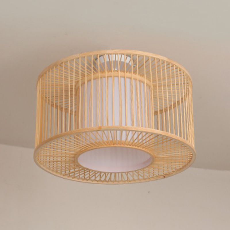 Beige Cylindrical Ceiling Mounted Light Asia Style Bamboo Bedroom Ceiling Lighting