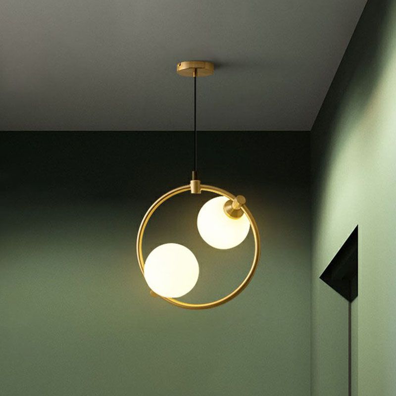 Simple Style Ball Pendant Chandelier Opal Glass 2-Bulb Dining Room Ceiling Light with Ring Deco in Gold