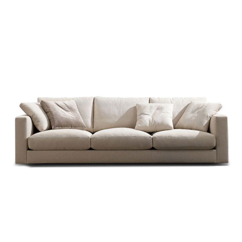 White Slipcovered Fabric Settee Recessed Arm Sofa with Pillows