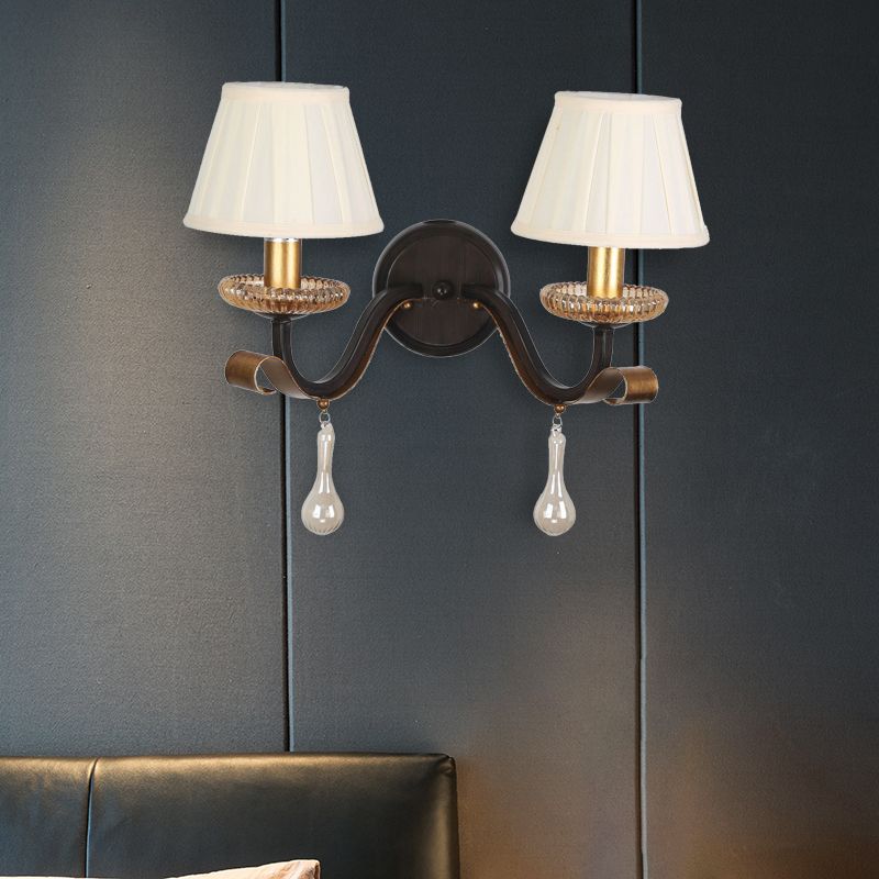 White 1/2-Bulb Wall Light Sconce Traditional Fabric Pleated Shade Wall Mount Lighting with Clear Glass Drop