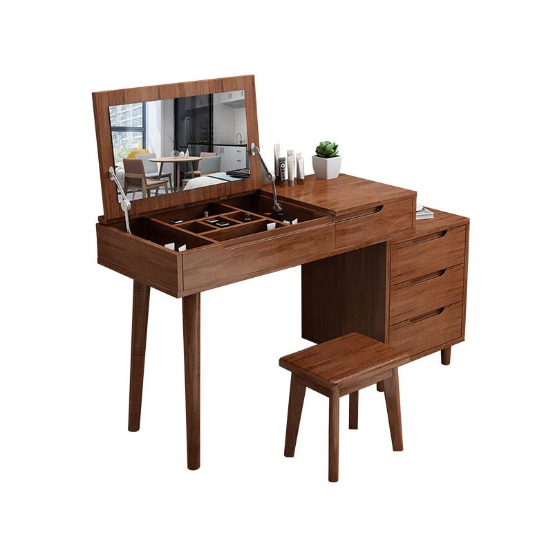 Scandinavian Wood Vanity Set Flip-Top Makeup Dressing Table with 4 Drawers