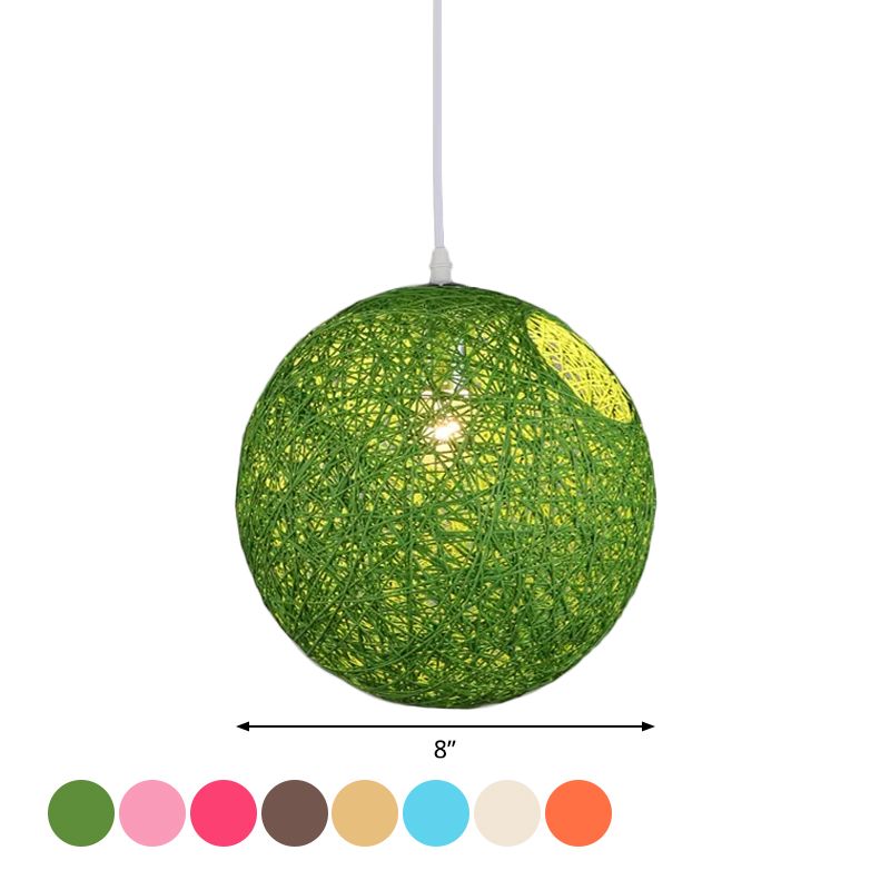 Rattan Globe Suspension Light Contemporary Single-Bulb Blue/Pink/Red Ceiling Pendant Lamp with Cut-out Hole