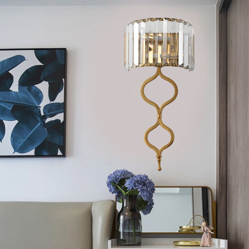 Contemporary 2 Lights Wall Mount Light with Crystal Rectangle Shade Brass Half Cylinder Sconce Light